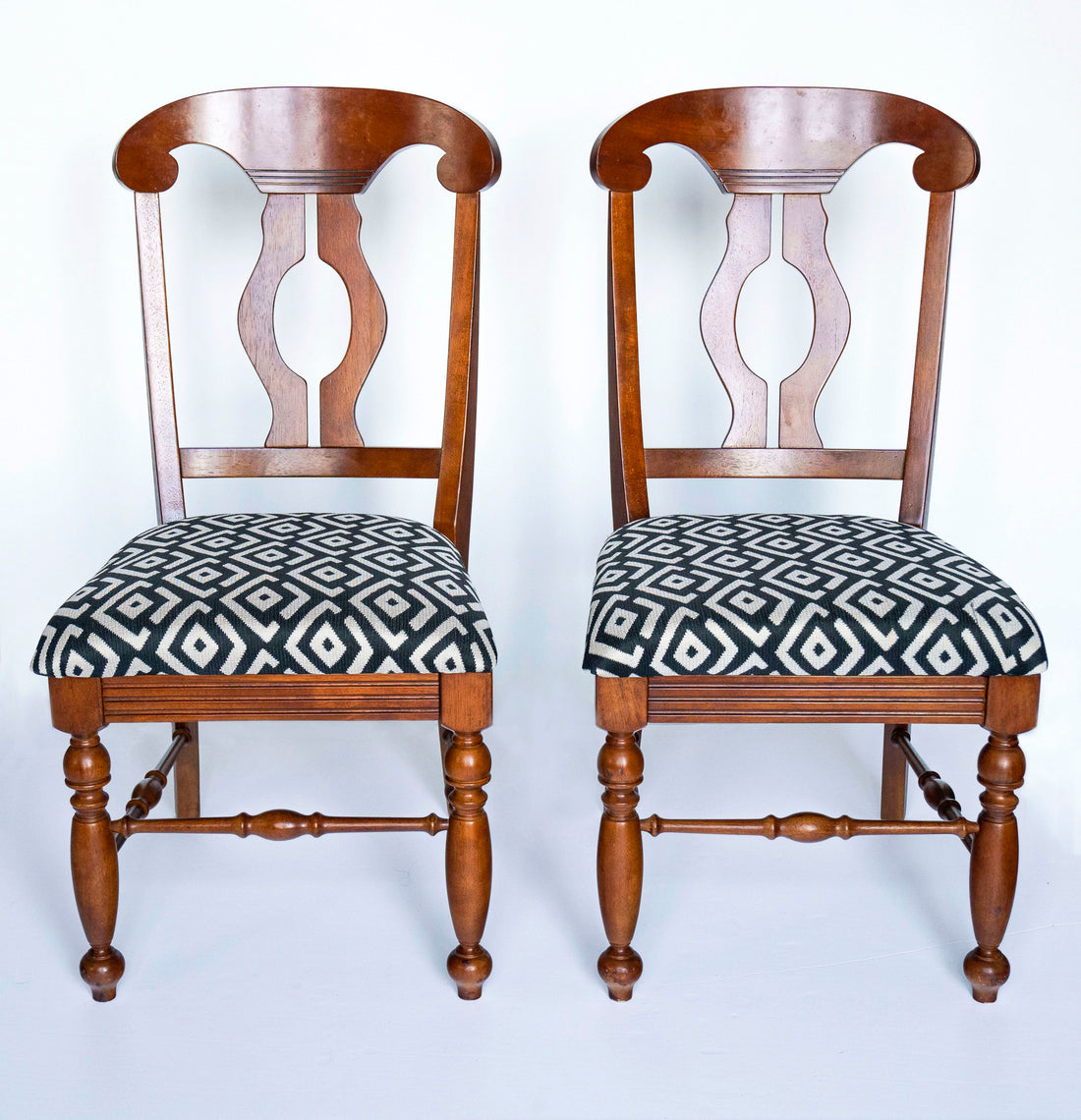 Two Traditional Side Chairs with Black and Beige Woven Fabric