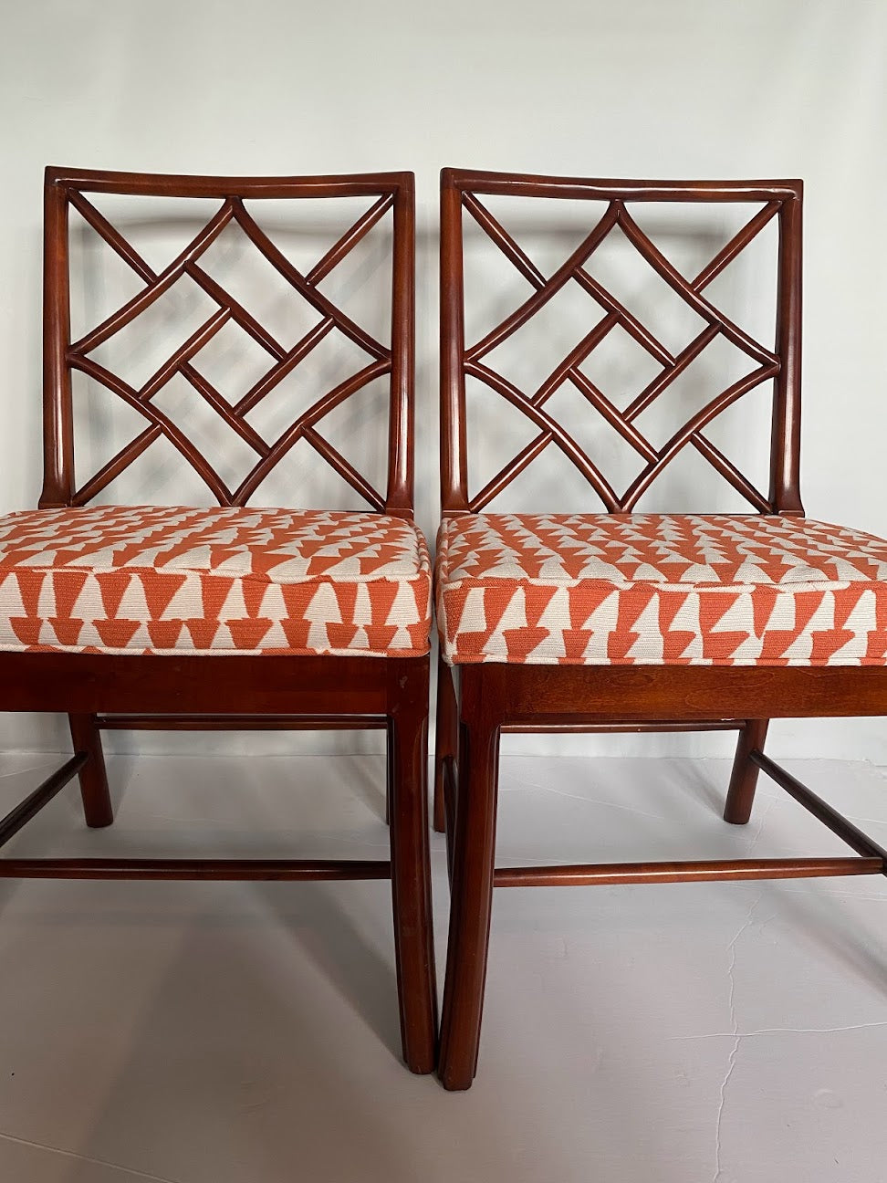 Solid Cherry Chippendale Diamond Back Side Chairs with Mud Cloth Inspired Design