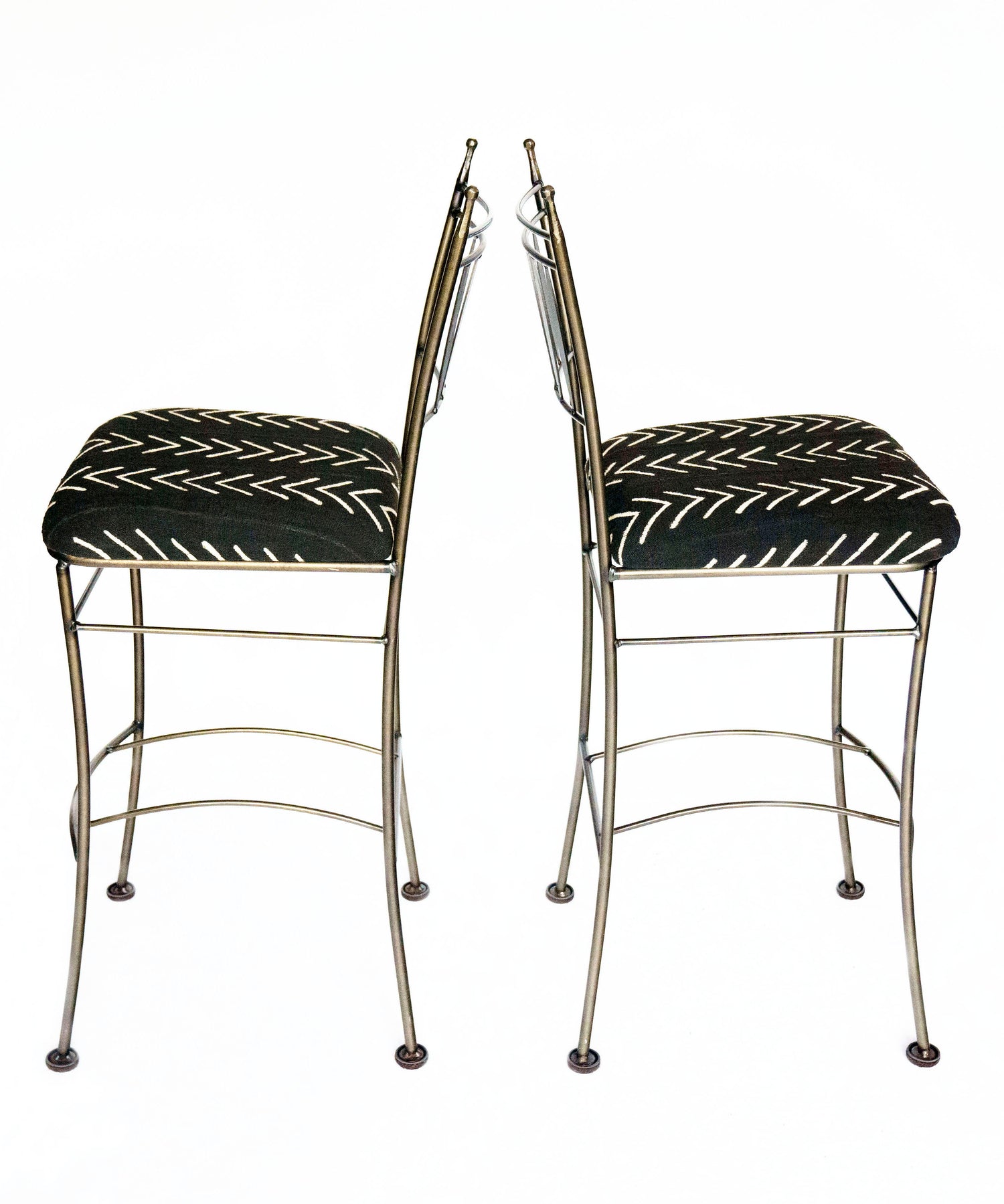 Two Hand-Forged Iron Bar Height Stools w/ Authentic Mali Bogolanfini (Mudcloth)