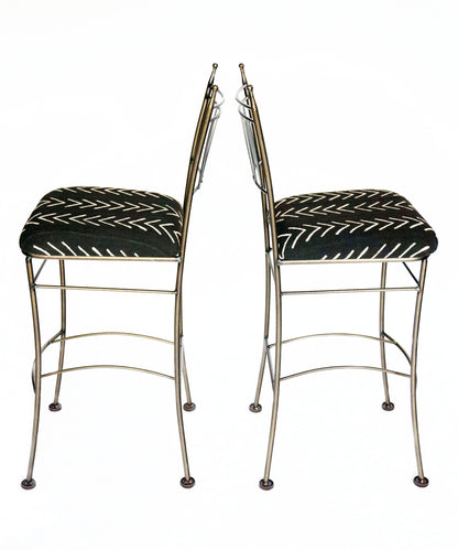 Two Hand-Forged Iron Bar Height Stools w/ Authentic Mali Bogolanfini (Mudcloth)