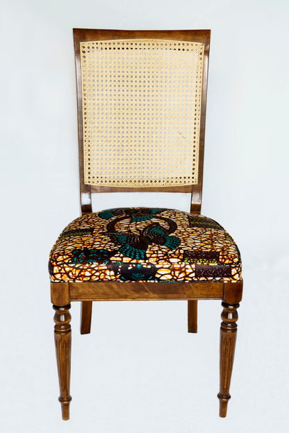 Two Classic Cane Back Chairs w/ African Butterfly Block Print Seat