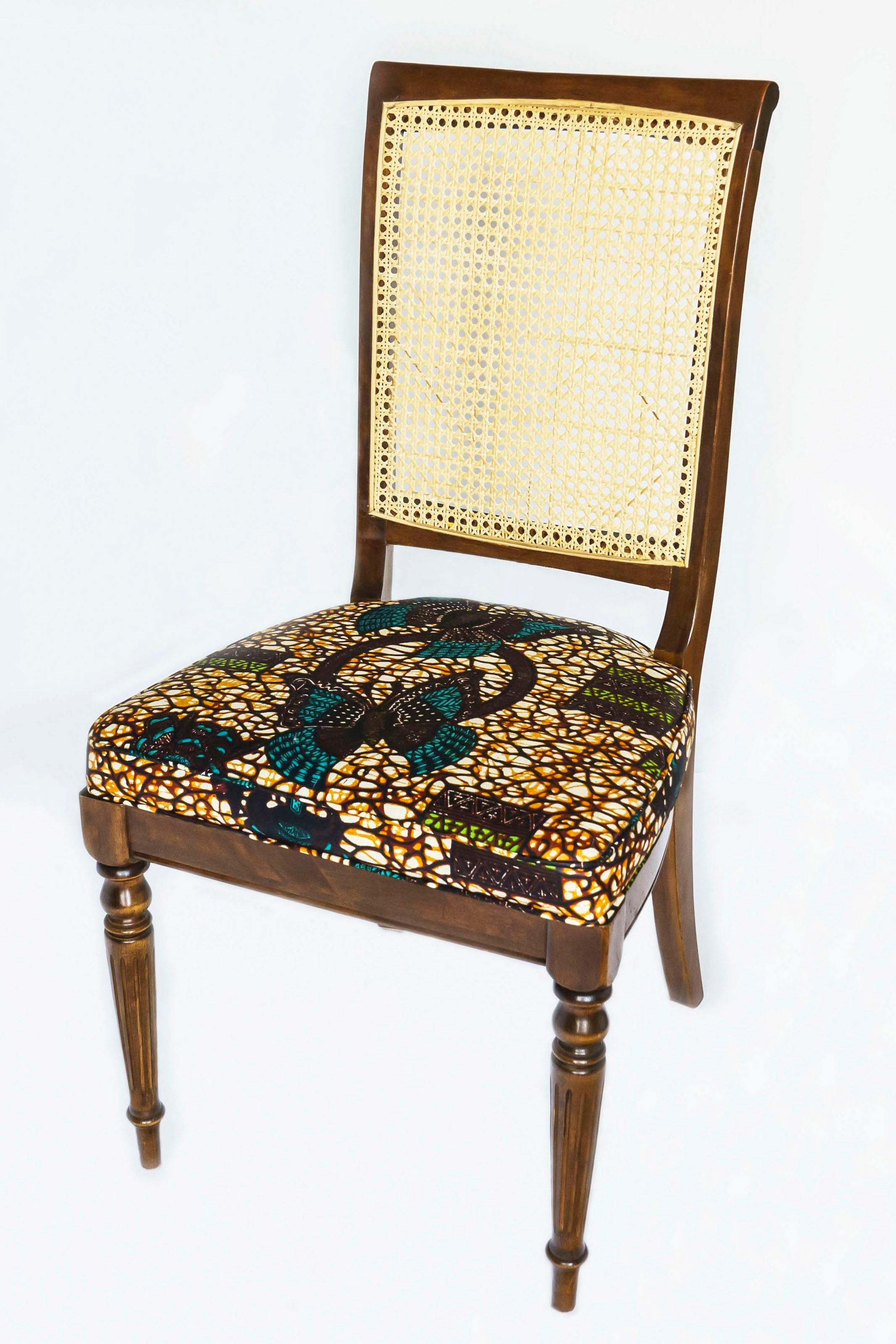 Two Classic Cane Back Chairs w/ African Butterfly Block Print Seat